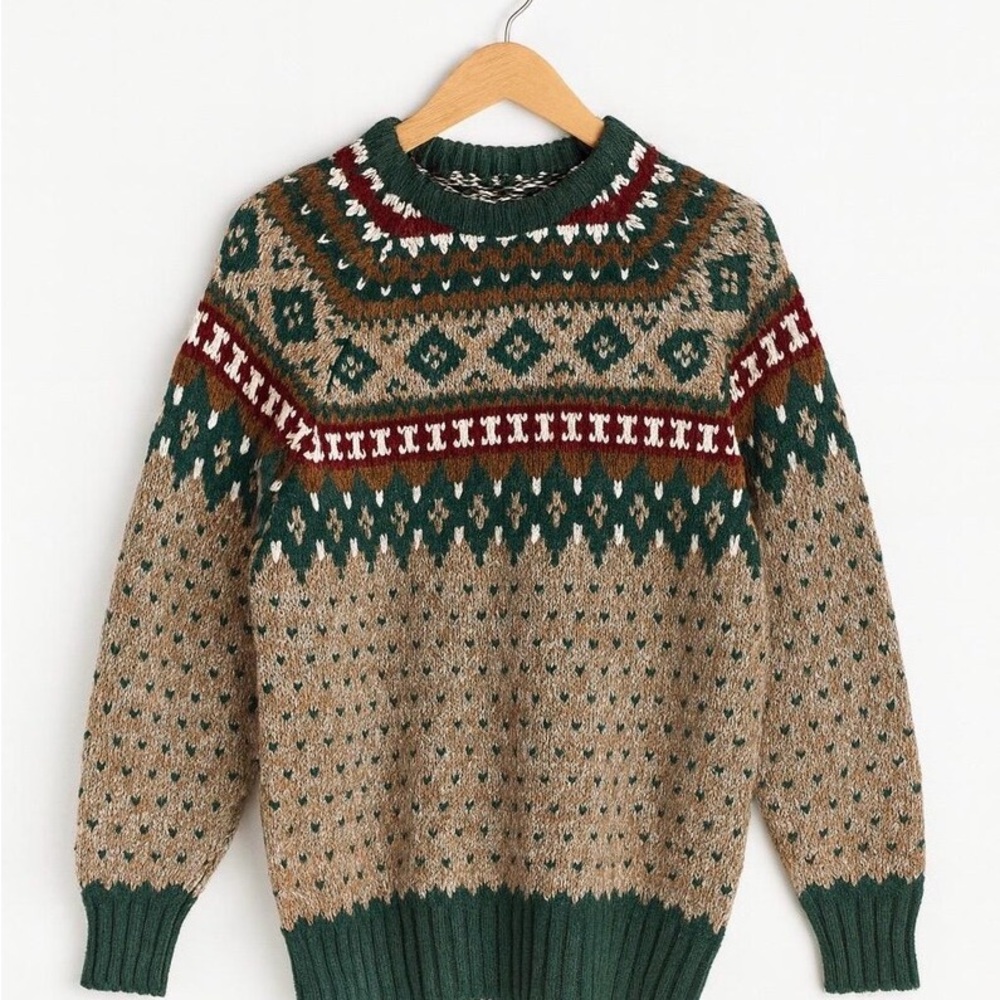 Vintage Acrylic Green & Cream Fair Isle Sweater | Unisex S/M